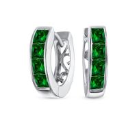 Piccolo Quadrato Taglio Principessa Simulazione Smeraldo Verde CZ Channel Set K-Pop Huggie Hoop Orecchini Per Donne Uomo Cubic Zirconia .925 Argento