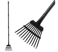 Piccolo rastrello per foglie, 11 denti in metallo, rastrello per foglie strette, 152,4 cm, rastrello per prati con manico regolabile in acciaio per campeggio, aiuole, pacciamatura, arbusti, nero