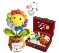 Piccolo Regalo di Ringraziamento - Abbraccio Tascabile in Stile Tedesco con Fiori All'Uncinetto Multicolore e Portachiavi + Biglietto D'Auguri in Scrigno Vintage (D)
