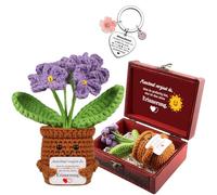 Piccolo Regalo di Ringraziamento - Abbraccio Tascabile in Stile Tedesco con Fiori all'Uncinetto Multicolore e Portachiavi + Biglietto D'Auguri in Scrigno Vintage (E)