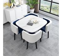 Piccolo set di tavolo da pranzo con sedie, moderno e compatto, quadrato, tavolo da pranzo per conferenze, cucina, ufficio, reception, negoziazione aziendale, set di 4 sedie (blu bianco)