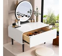 Piccolo tavolino da toeletta moderno con specchio e cassetti, scrivania compatta in legno, per camera da letto, finestra a golfo, elegante postazione per il trucco (bianco, 45 x 40 x 35 cm)