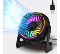 Piccolo ventilatore da tavolo USB RGB da tavolo portatile con flusso d'aria a 3 livelli, 8 luci LED a colori, rotazione a 360°, mini ventilatore personale silenzioso per casa e ufficio