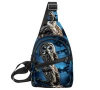 Piccolo zaino a tracolla, borsa a tracolla, borsa da petto, zaino da giorno, gufo sbarrato si siede immobile al chiaro di luna blu, Multicolore 18, 11.8x7x1.5in/30x18x4cm