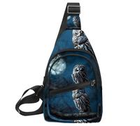 Piccolo zaino a tracolla, borsa a tracolla, borsa da petto, zaino da giorno, gufo sbarrato si siede immobile al chiaro di luna blu, Multicolore 03, 11.8x7x1.5in/30x18x4cm