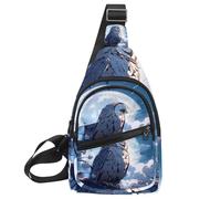 Piccolo zaino a tracolla, borsa a tracolla, borsa da petto, zaino da giorno, gufo sbarrato si siede immobile al chiaro di luna blu, Multicolore 04, 11.8x7x1.5in/30x18x4cm