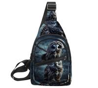 Piccolo zaino a tracolla, borsa a tracolla, borsa da petto, zaino da giorno, gufo sbarrato si siede immobile al chiaro di luna blu, Multicolore 02, 11.8x7x1.5in/30x18x4cm