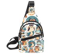 Piccolo zaino a tracolla, borsa a tracolla, borsa da petto, zaino da giorno, gufo sbarrato si siede immobile al chiaro di luna blu, Multicolore 17, 11.8x7x1.5in/30x18x4cm