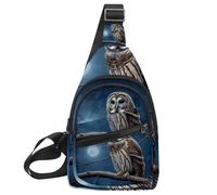 Piccolo zaino a tracolla, borsa a tracolla, borsa da petto, zaino da giorno, gufo sbarrato si siede immobile al chiaro di luna blu, Multicolore 08, 11.8x7x1.5in/30x18x4cm
