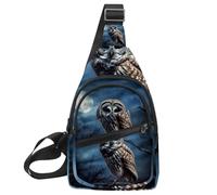 Piccolo zaino a tracolla, borsa a tracolla, borsa da petto, zaino da giorno, gufo sbarrato si siede immobile al chiaro di luna blu, Multicolore 10., 11.8x7x1.5in/30x18x4cm