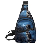 Piccolo zaino a tracolla, borsa a tracolla, borsa da petto, zaino da giorno, gufo sbarrato si siede immobile al chiaro di luna blu, Multicolore 12., 11.8x7x1.5in/30x18x4cm