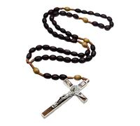 Piceioep Collana con rosario con crocifisso in legno Gioielli religiosi realizzati a mano Accessori cattolici per la pratica spirituale Collana con perline legno Perline preghiera