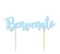Pick Cake topper scitta BENVENUTO in carta cartoncino - Colore Celeste Azzurro - ideale per decoro decorazioni torte e dolci di nascita baby shower gender reveal- 20x15cm