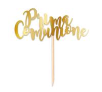 Pick Cake topper scritta PRIMA COMUNIONE in carta cartoncino - Colore ORO Lucido - ideale per decoro decorazioni torte e dolci - per festa di comunione - 9x4cm