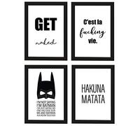 PICSonPAPER - Set di 4 poster con cornice nera DIN A4, Get Naked, C'est la Fucking Vie, I'm not Saying I'm Batman, Hakuna Matata di alta qualità (Life, con cornice nera IKEA Fiskbo)
