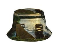 Pidgazdfgv Cappello alla pescatora con barca sul lago e sulla riva del lago, unisex, per attività all'aperto, spiaggia, pescatore, fuga, vacanze, rientro a scuola, stagione nera