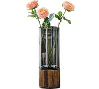 PIDUDU Vaso artistico in vetro in legno, vaso cilindrico in vetro affumicato, alto 30 cm, per ingresso, tavolo da pranzo, mensola, soggiorno e vaso moderno per la decorazione della casa