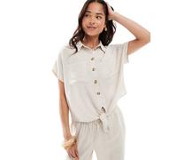 Pieces - Camicia color crema allacciata sul davanti in misto lino in coordinato-Bianco M