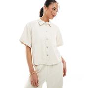 Pieces - Camicia in twill testurizzato di cotone grezzo squadrata a maniche corte color crema in coordinato-Bianco M