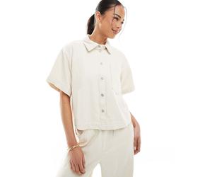 Pieces - Camicia in twill testurizzato di cotone grezzo squadrata a maniche corte color crema in coordinato-Bianco M