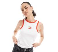 Pieces - Canotta bianca con scollo a vogatore e ciliegie ricamate-Bianco 40