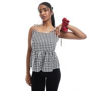 Pieces - Canottiera nera a quadretti con spalline allacciate-Nero S