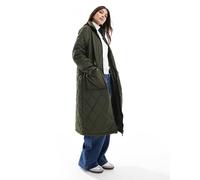 Pieces - Cappotto taglio lungo accollato verde kaki trapuntato XS