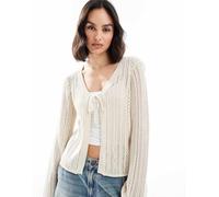 Pieces - Cardigan color panna betulla all'uncinetto allacciato sul davanti-Bianco L