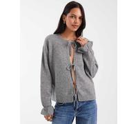 Pieces cardigan lavorato a maglia con volant ai polsini e chiusura frontale con laccetti in grigio mélange medio XXL