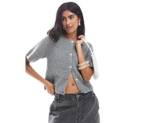 Pieces - Cardigan squadrato a maniche corte grigio medio mélange S