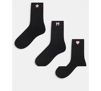 Pieces - Confezione da 3 calzini neri con ricamo rosa-Nero One Size