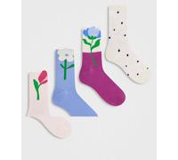 Pieces - Confezione da 4 paia di calzini multicolore a fiori One Size