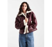 Pieces - Giacca corta in misto pelle sintetica bordeaux e pile borg-Rosso XL