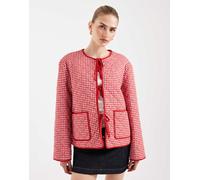 Pieces - Giacca trapuntata rossa e bianca a quadretti allacciata sul davanti-Rosso XL