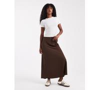 Pieces - Gonna midi marrone cioccolato in raso opaco S