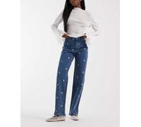 Pieces - Jeans dritti blu medio con fiori ricamati W27 L32