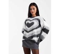 Pieces - Maglione oversize bianco e grigio con stampa di cuori XXL