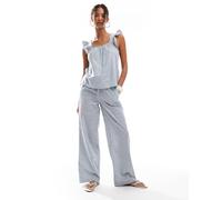 Pieces - Mix and Match - Pantaloni a fondo ampio allacciati in vita in cotone blu a righe S