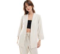 Pieces - Mix & Match - Blazer in misto lino color panna a righe nere con maniche arricciate-Bianco XL