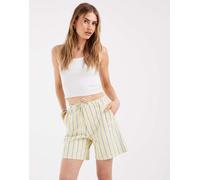 Pieces - Pantaloncini allacciati in vita in denim a righe gialle e blu-Giallo S