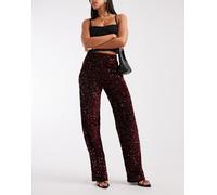 Pieces - Pantaloni a fondo ampio bordeaux in velour con paillettes-Rosso XL