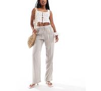 Pieces - Pantaloni a fondo ampio e vita alta color pietra lunare e bianchi a righe-Marrone XL