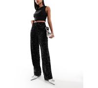 Pieces - Pantaloni a fondo ampio neri in velour con paillettes-Nero S