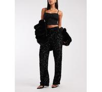 Pieces - Pantaloni a fondo ampio neri in velour con paillettes-Nero XL