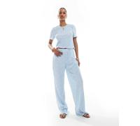 Pieces - Pantaloni a fondo ampio plissé blu con stampa a fiorellini in coordinato L