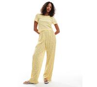 Pieces - Pantaloni a fondo ampio plissé gialli con stampa a fiorellini in coordinato-Giallo XXL