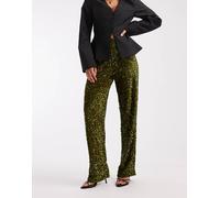 Pieces - Pantaloni a fondo ampio verde oliva in velour con paillettes S