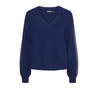 PIECES Pcnibe LS Knit-Pullover FC BC Maglione Lavorato a Maglia, Bellwether Blue/Stripes:Gold Lurx, XS Donna