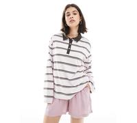 Pieces - Polo stile rugby oversize a righe rosa e marroni XS
