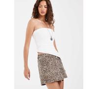 Pieces skort in denim con davanti avvolgente e stampa leopardata slavata-Marrone XS